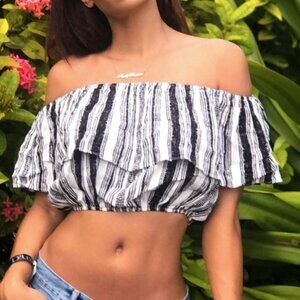 ASTR Off Shoulder Striped Top Black White Medium Boho Festival